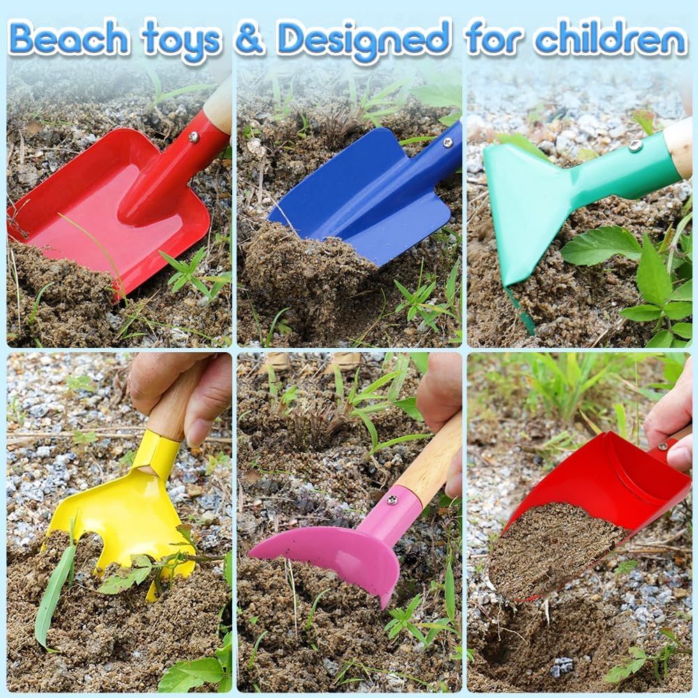 6 Pack Metal Beach Sand Toys for Kids, Wooden-Handled Shovel, Rake, Trowel and Scoop Set for Beach, Garden and Snow Play, Multicolour, 20 cm โ image 6