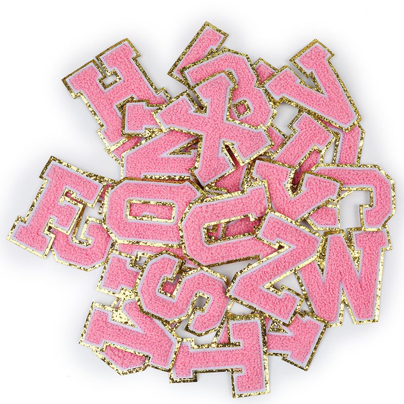 A-Z Gold Glitters & Pink Initial Patches, Adhesive Sticker Letter Patch for Team Costume Decoration Repair Patches（Pink A-Z）