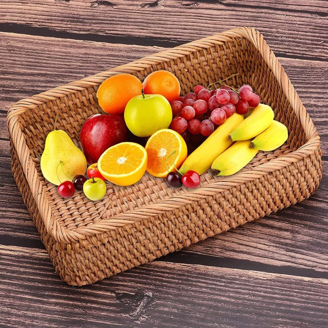 Rattan Storage Baskets Rectangle Woven Bread Basket Rectangular Wicker Serving Organizer Tray Rattan Fruit Basket, Stackable Wicker Organizer(20*14*7cm) — image 2