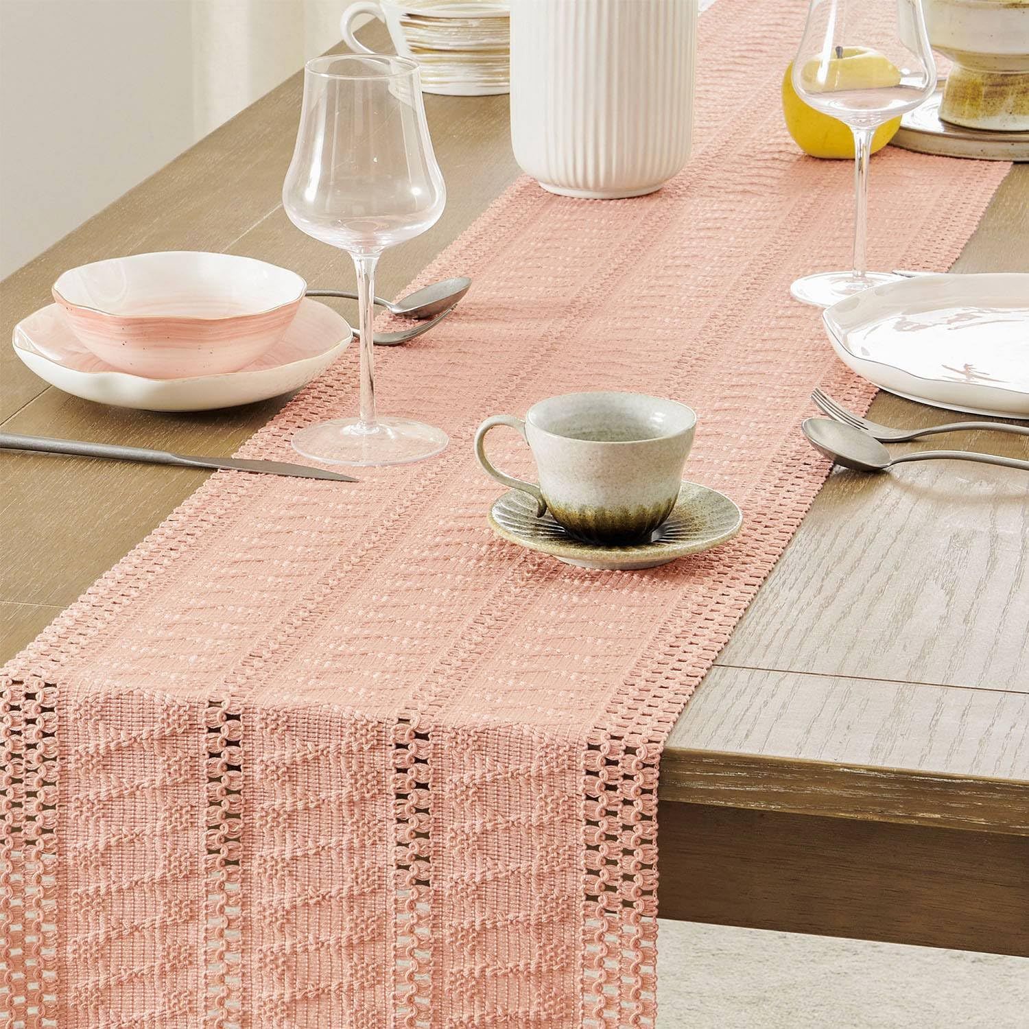 Style Boho Table Runner, Pink Table Runners 90 Inches Long, Farmhouse Woven Home Decor, 12 × 90 Inch, Rose Pink — image 3
