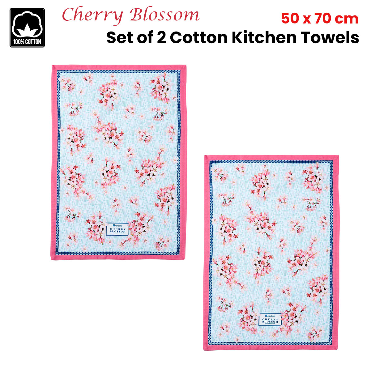 Ashdene Set of 2 Cherry Blossom Cotton Kitchen Tea Towels 50 x 70 cm — image 2