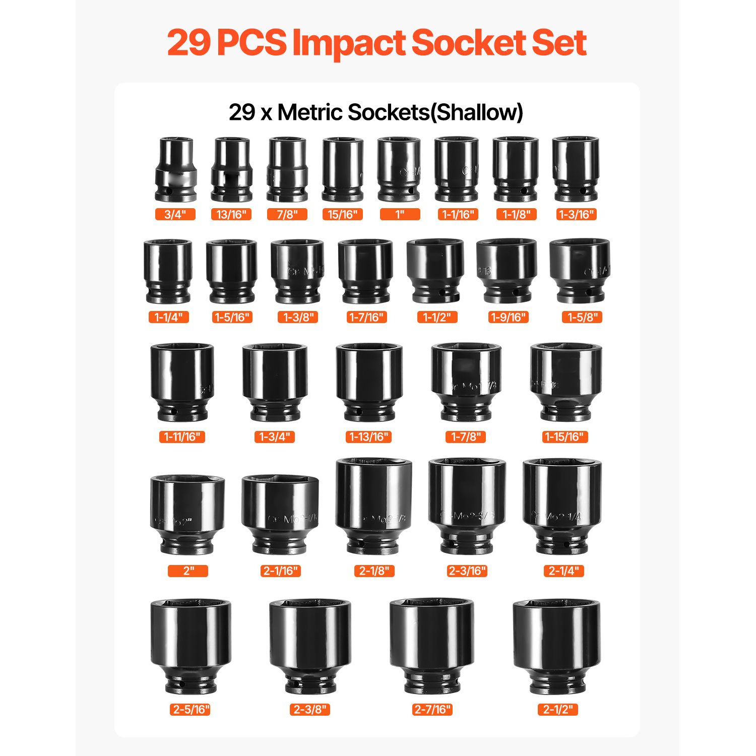 Impact Socket Set 3/4 Inches 29 Piece Impact Sockets, 6-Point Sockets, Rugged Construction, CR-M0, 3/4 Inches Drive Socket Set Impact SAE 3/4 inch - 2-1/2 — image 3