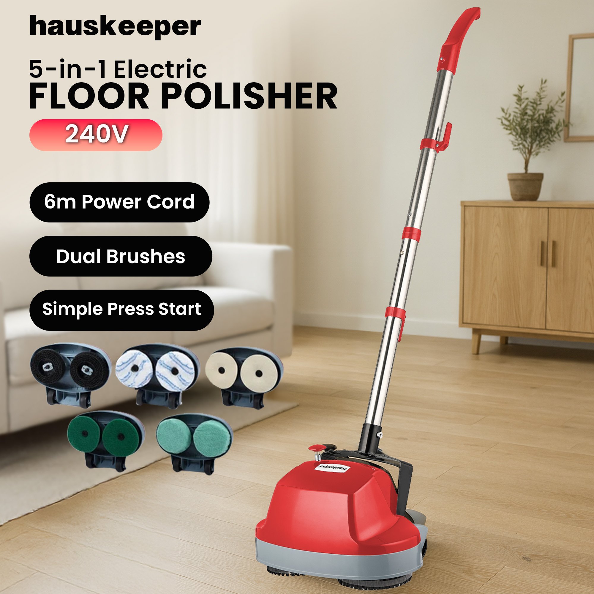 Klika Hauskeeper 5 in 1 Electric 240V Floor Polisher w/ 6M Power Cable Timber Hard Waxer Buffer Cleaner Red โ image 2
