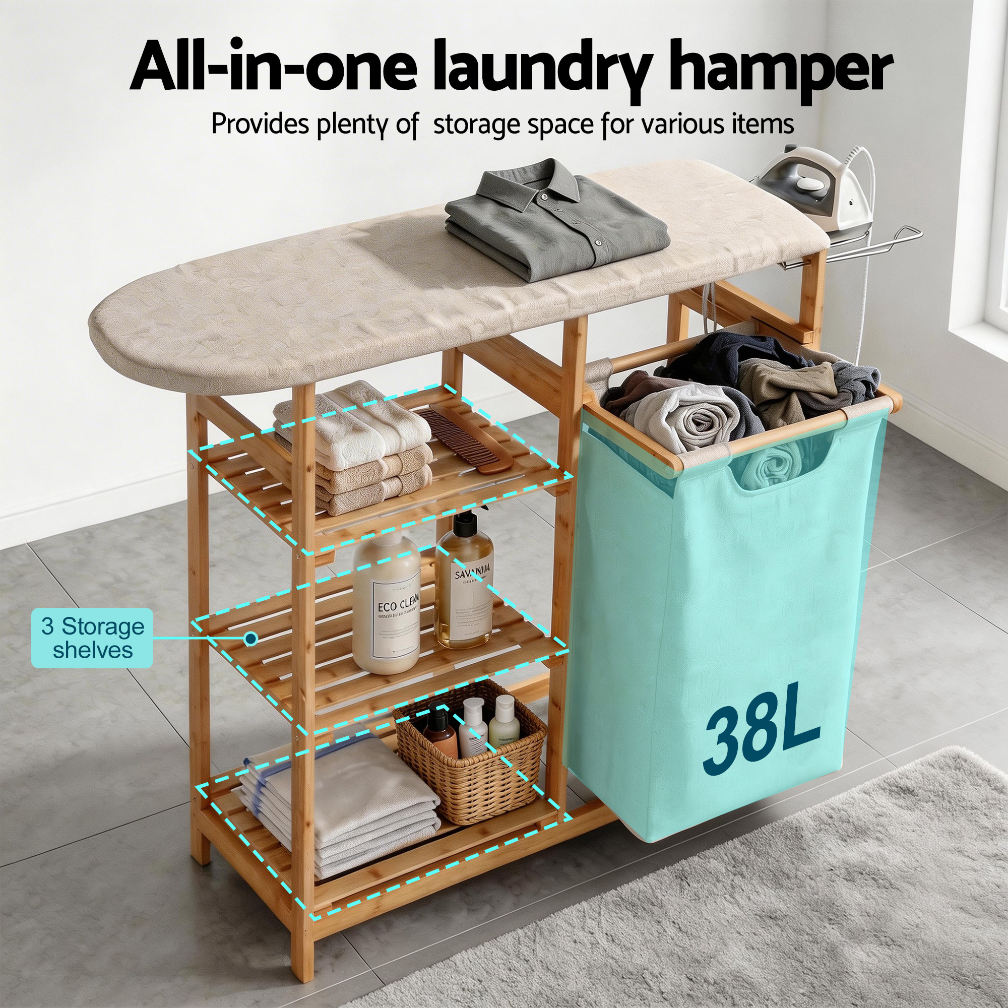 Artiss Laundry Basket Hamper with Ironing Board Bamboo — image 5