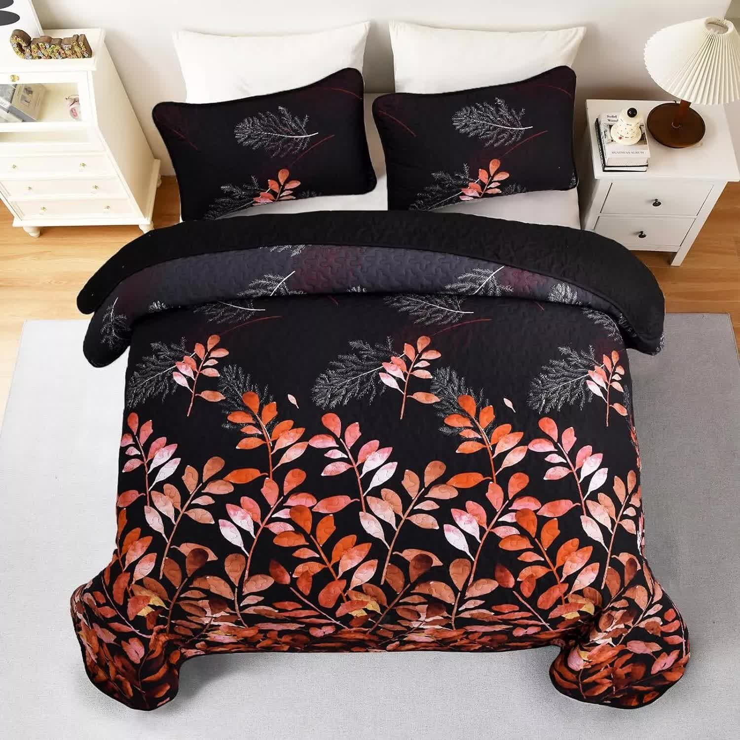 Black and Red Leaves Quilted Bedspread & Pillowcase Set โ image 4