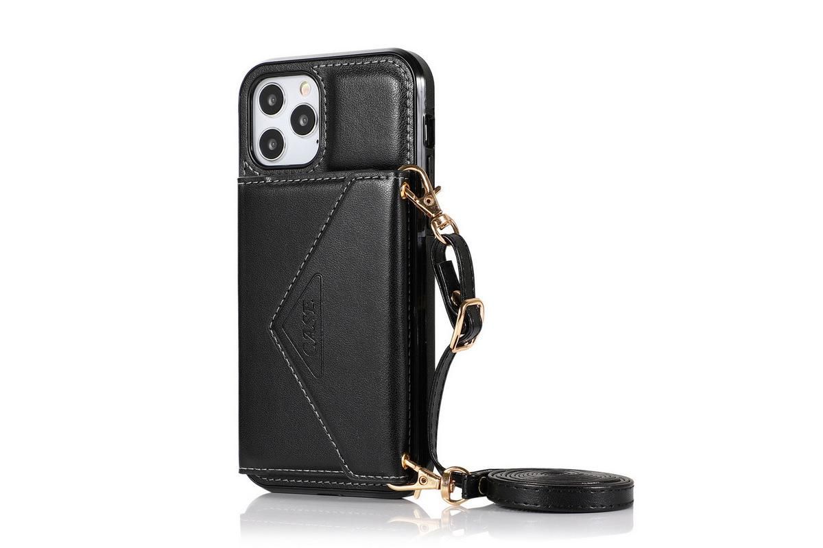 PU Leather Crossbody Phone Case Cover Wallet Card Holder for iPhone 13 Series -Black /iPhone13 6.1