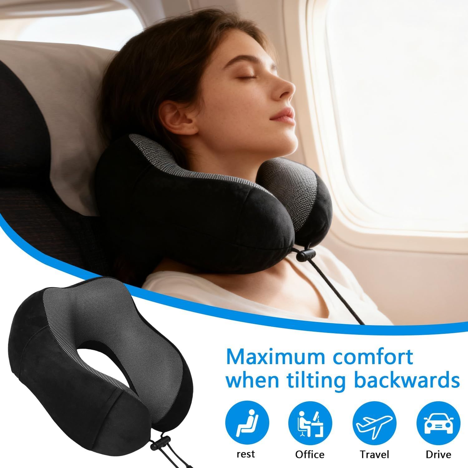 Memory Foam Travel Neck Pillow with Adjustable Buckle, Washable Cover, Eye Mask and Earplugs for Flights, Car Trips and Office Use, Black and Grey โ image 3