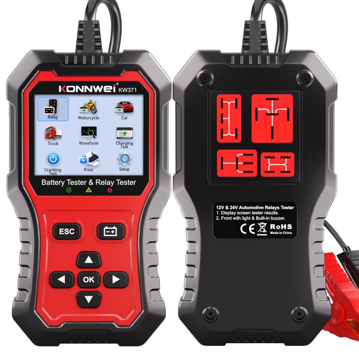 KW371 6V/12V/24V Battery Tester & 4/5Pin Relay Tester 2 in 1 battery tester automotive with cranking & charging load test, 4/5-pin relay tester, CCA 10-2000