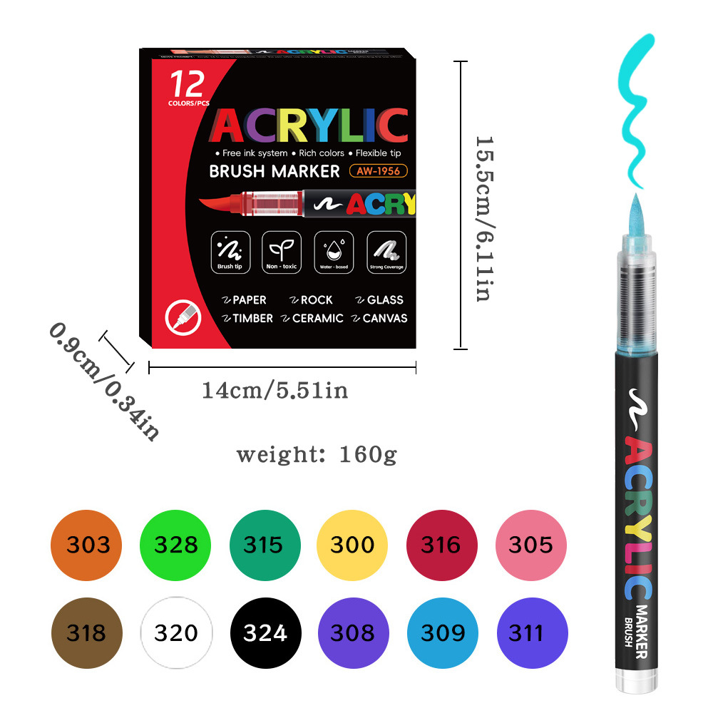 Acrylic Brush Marker – 12-Pack, Water-Based Ink, Flexible Tip