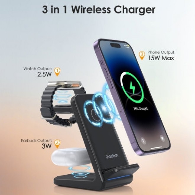 CHOETECH T608-F-BK 15W 4-in-1 Wireless Charger Stand for iWatch and Samsung Watch (Black) — image 3