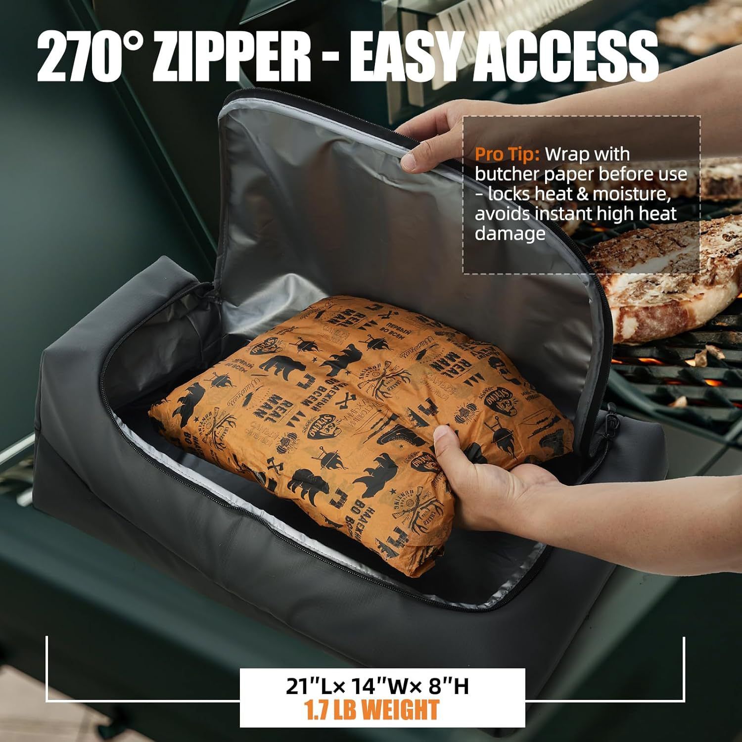 BBQ Blanket for Resting Meat, Leak-Proof Insulated Meat Resting Bag, 270° Top Opening for Large Briskets, Turkey, Washable Smoker Accessories Gifts for Men or — image 2
