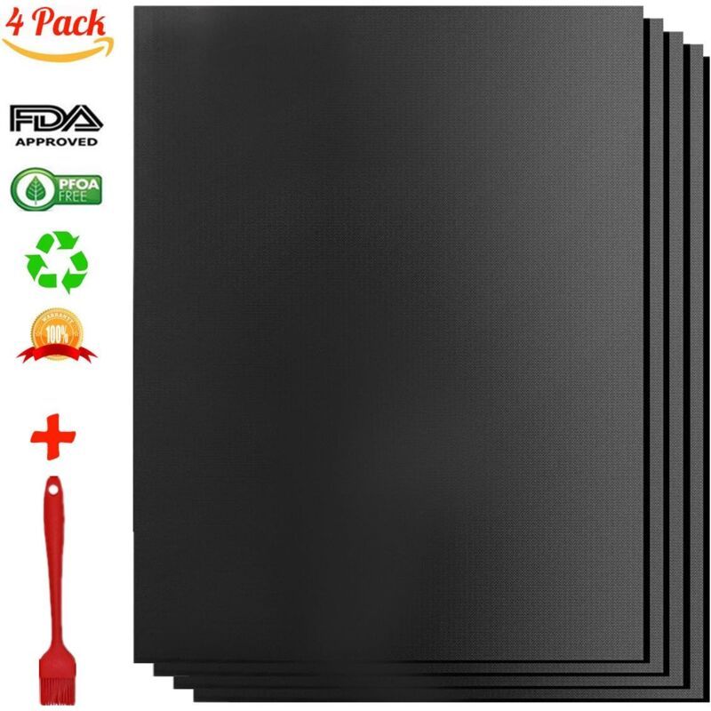 4 Pack Lid for Barbecue and Plancha Grill Mat for Barbecue and Oven, Non Stick Reusable and Cleanable Barbecue Mat, Charcoal, 330 × 400 × 0.2 mm