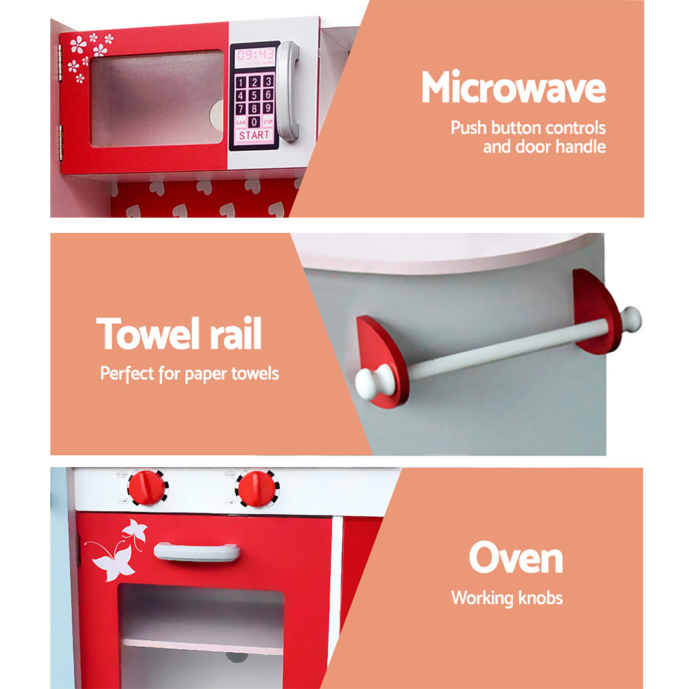 Keezi Kids Kitchen Play Set Wooden Pretend Toys Cooking Children Fridge Oven Red โ image 5