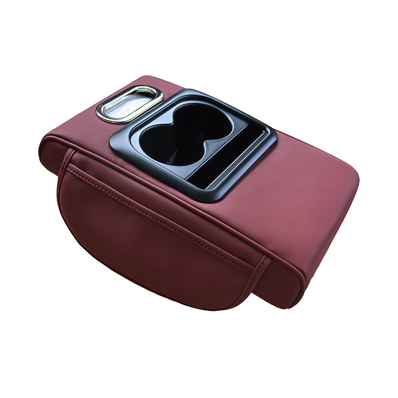 GT-6 No embroidery Wine Red,Multifunctional Car Armrest Storage Box Cushion - Universal Fit with Cup Holder and Tissue Dispenser