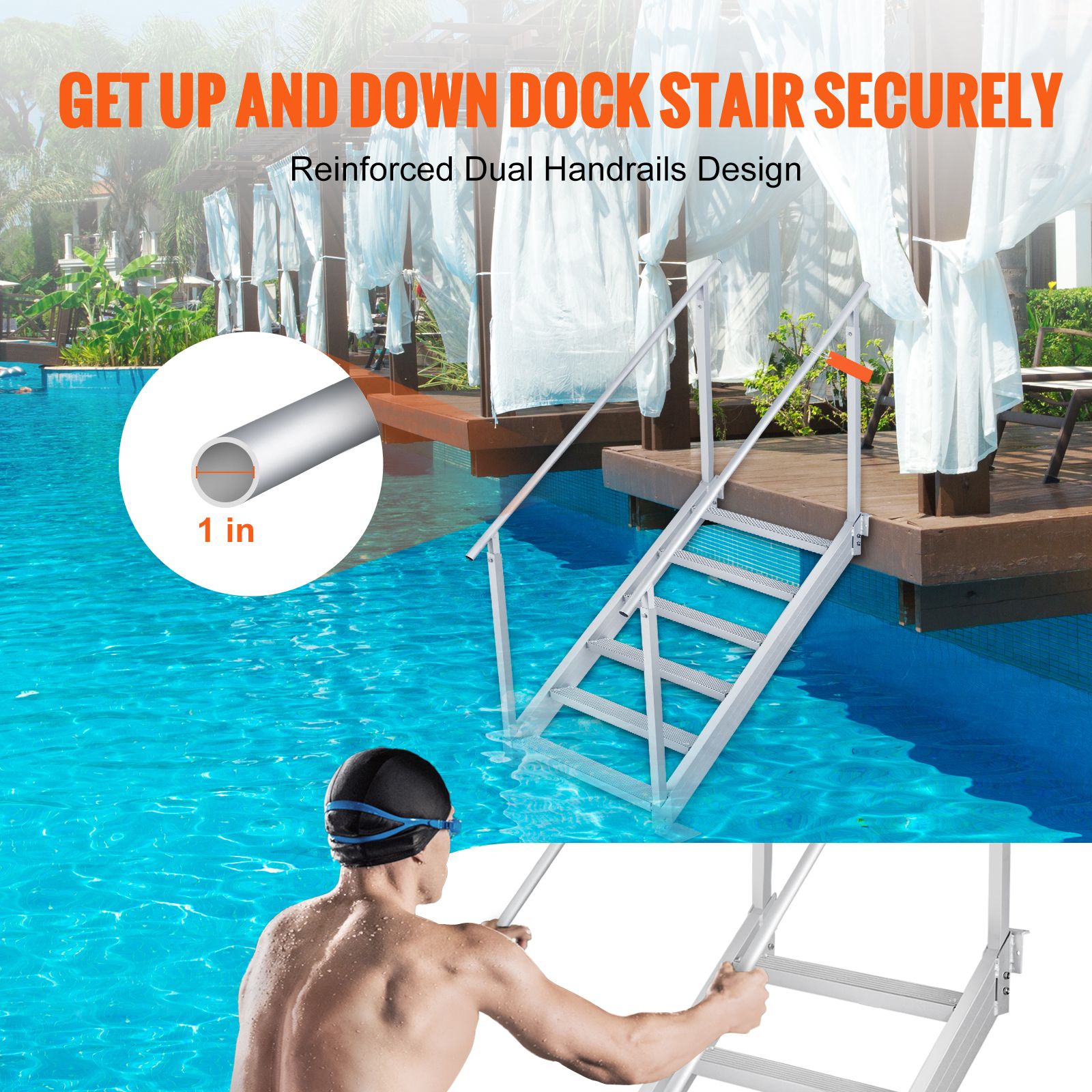 Dock Ladder, 1.09 m-1.29 m Adjustable Height, 227 kg Load Capacity, Aluminum Alloy 6 Steps Pontoon Boat Ladder with Dual Handrails & Nonslip Mat, Ideal for — image 5