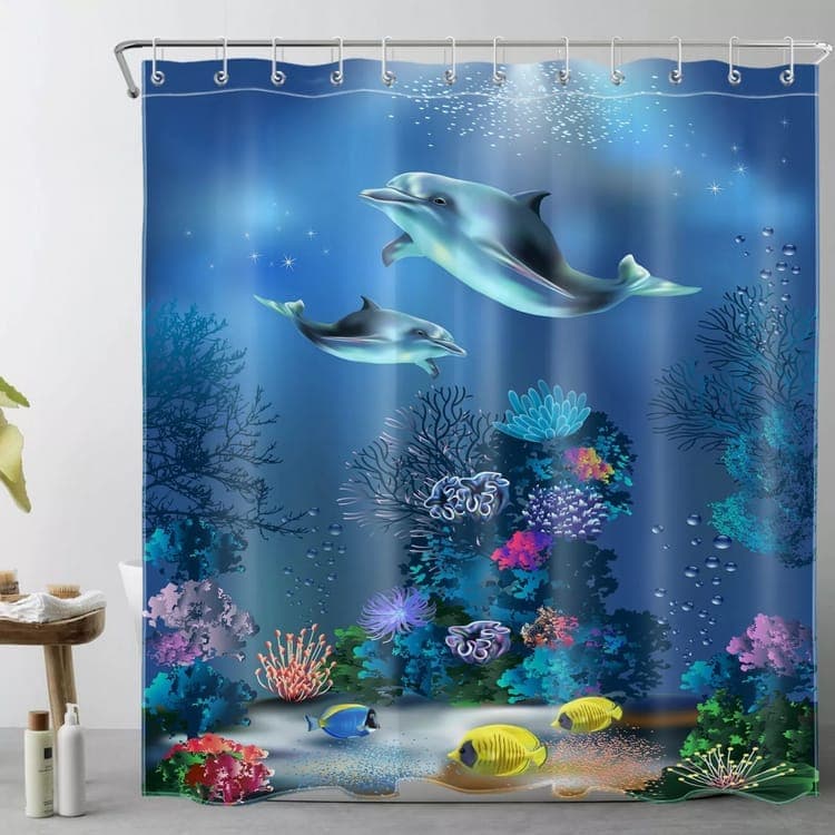 Waterproof Shower Curtain with Sea Turtle and Dolphin Motif, 180x180 cm, Dark Blue, Mildew Resistant — image 2