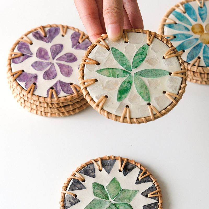 4 Pcs Beige Background With Blue and Pink flower Handcrafted Rattan Coaster with Natural Shell Inlay - Decorative & Heat Insulating Drink Mat โ image 4
