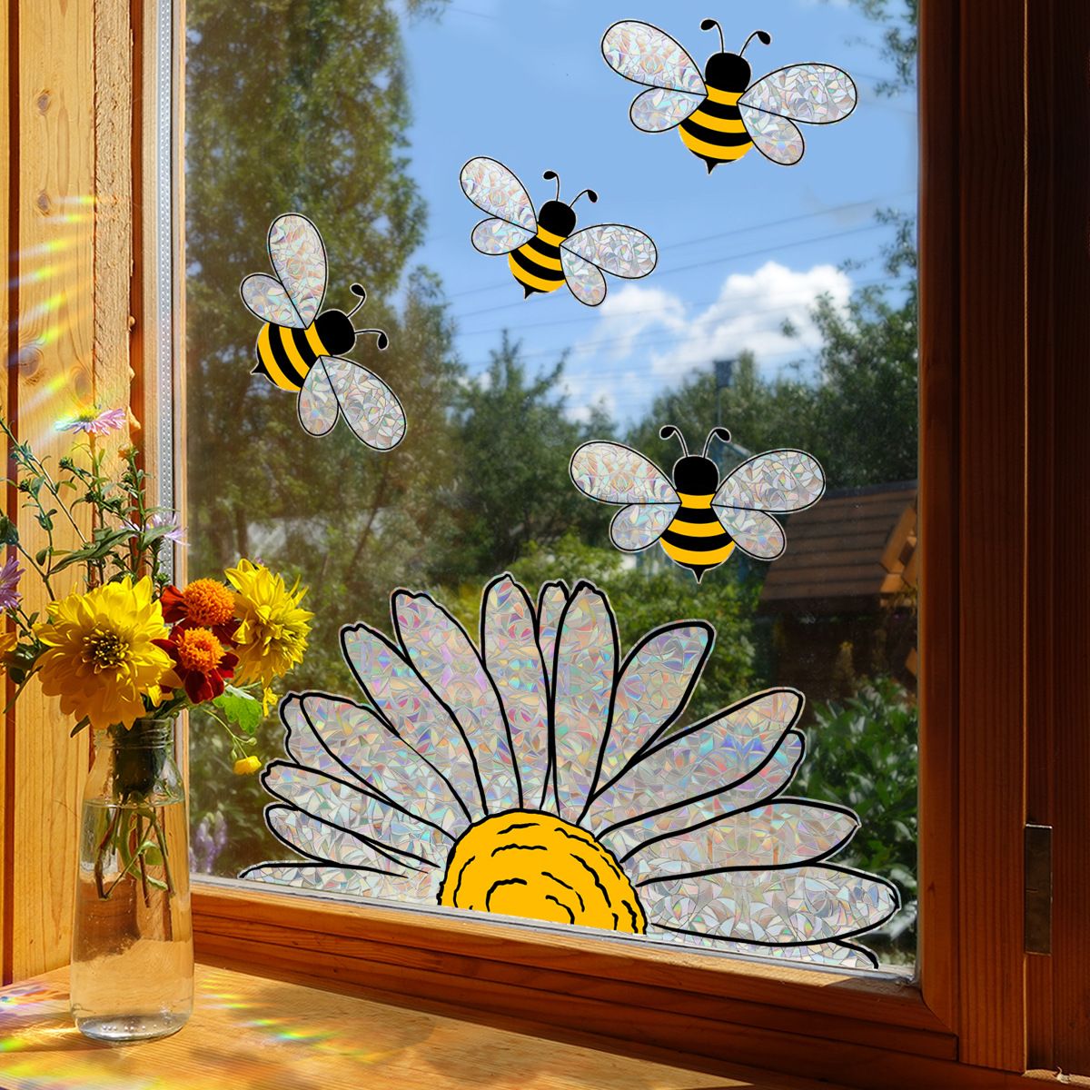 Sunflower and Bee Window Clings - Anti-Collision Window Sticker, Window Decals for Bird Strikes, Non Adhesive Prismatic — image 4