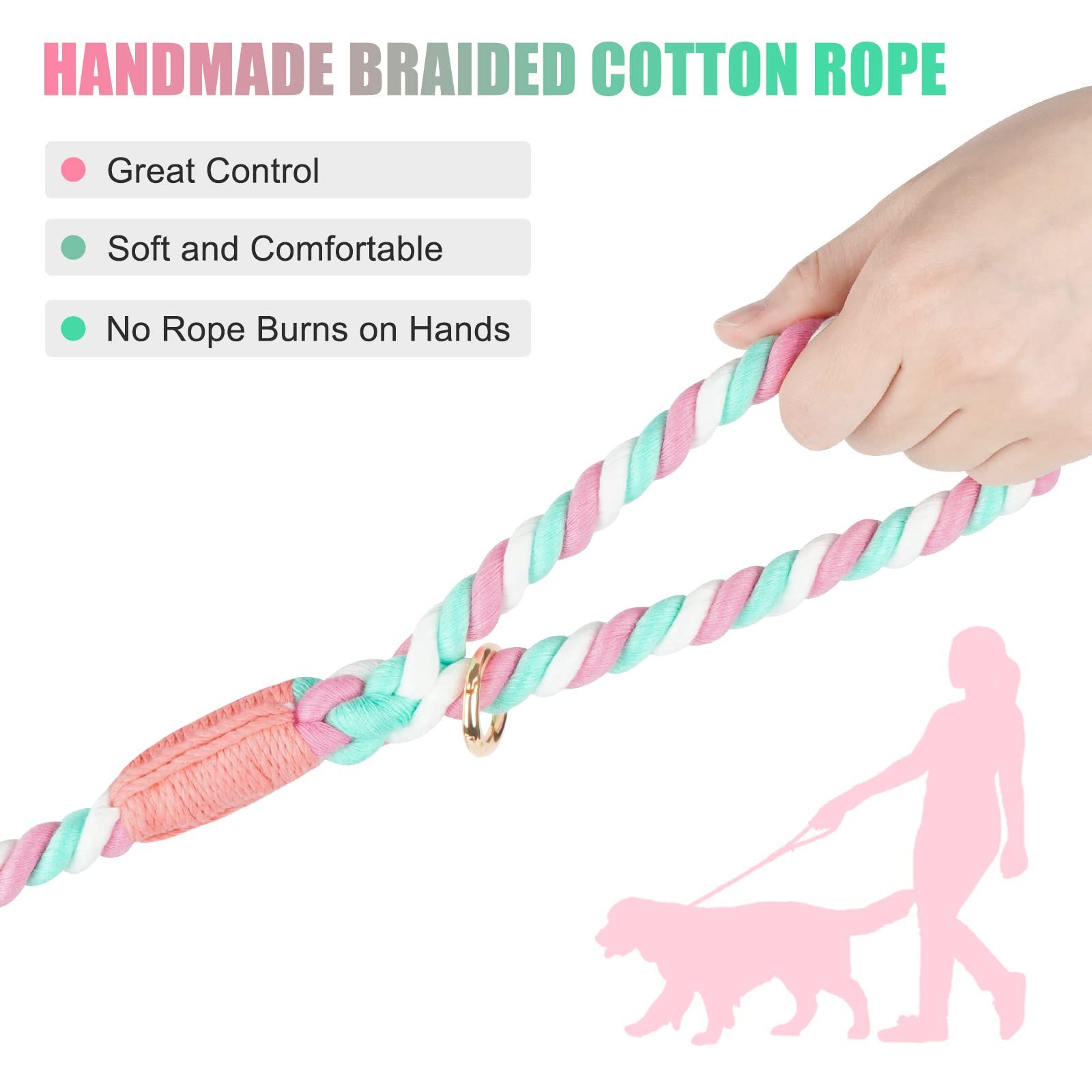 Dog rope 150cm hand woven cotton rope, suitable for small and large dogs, new gold heavy-duty metal buckle (cherry blossom powder 150cm * 1.2cm) — image 3