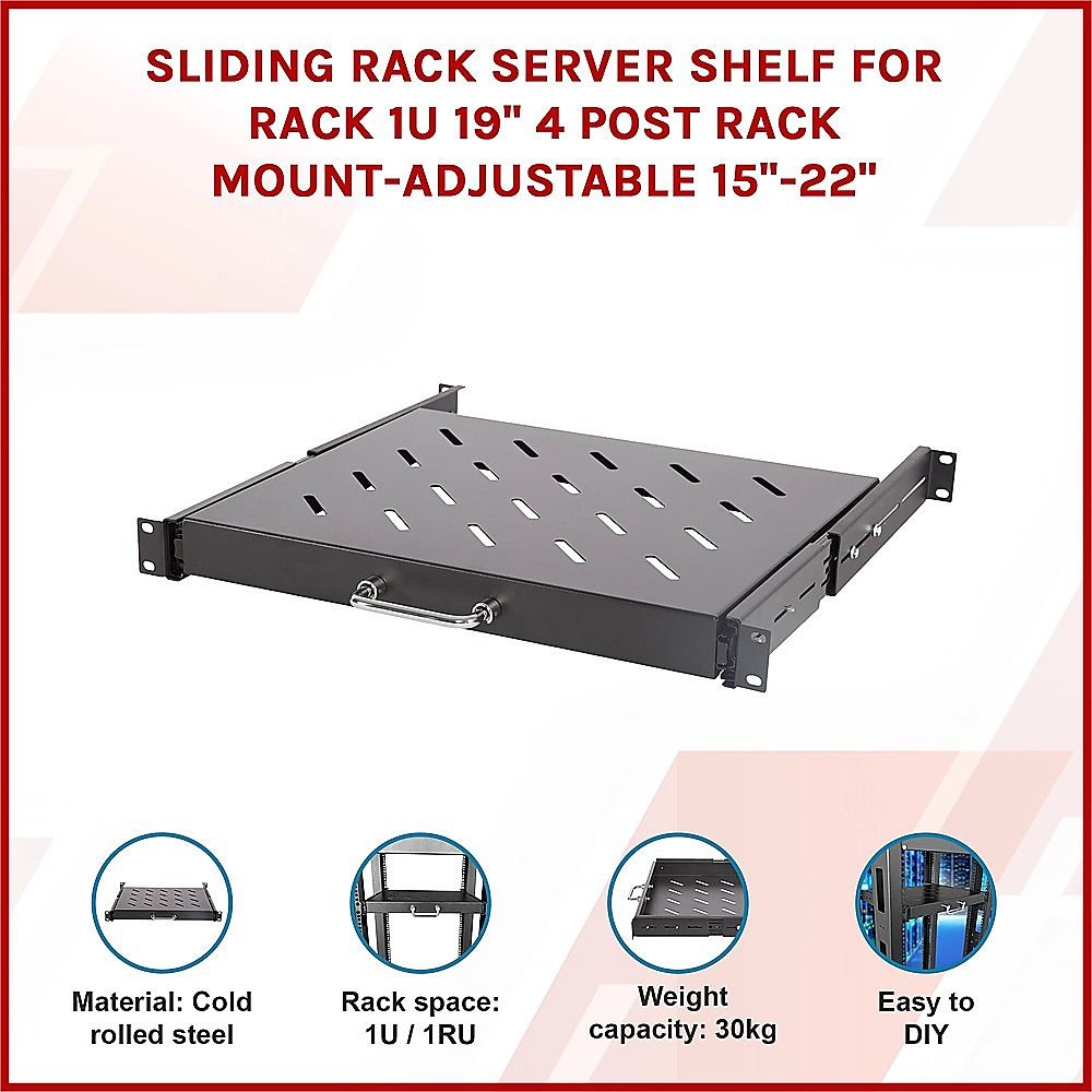 Sliding Rack Server Shelf 1U 19" 4 Post Mount – Adjustable 15" to 22" Rack Tray — image 5