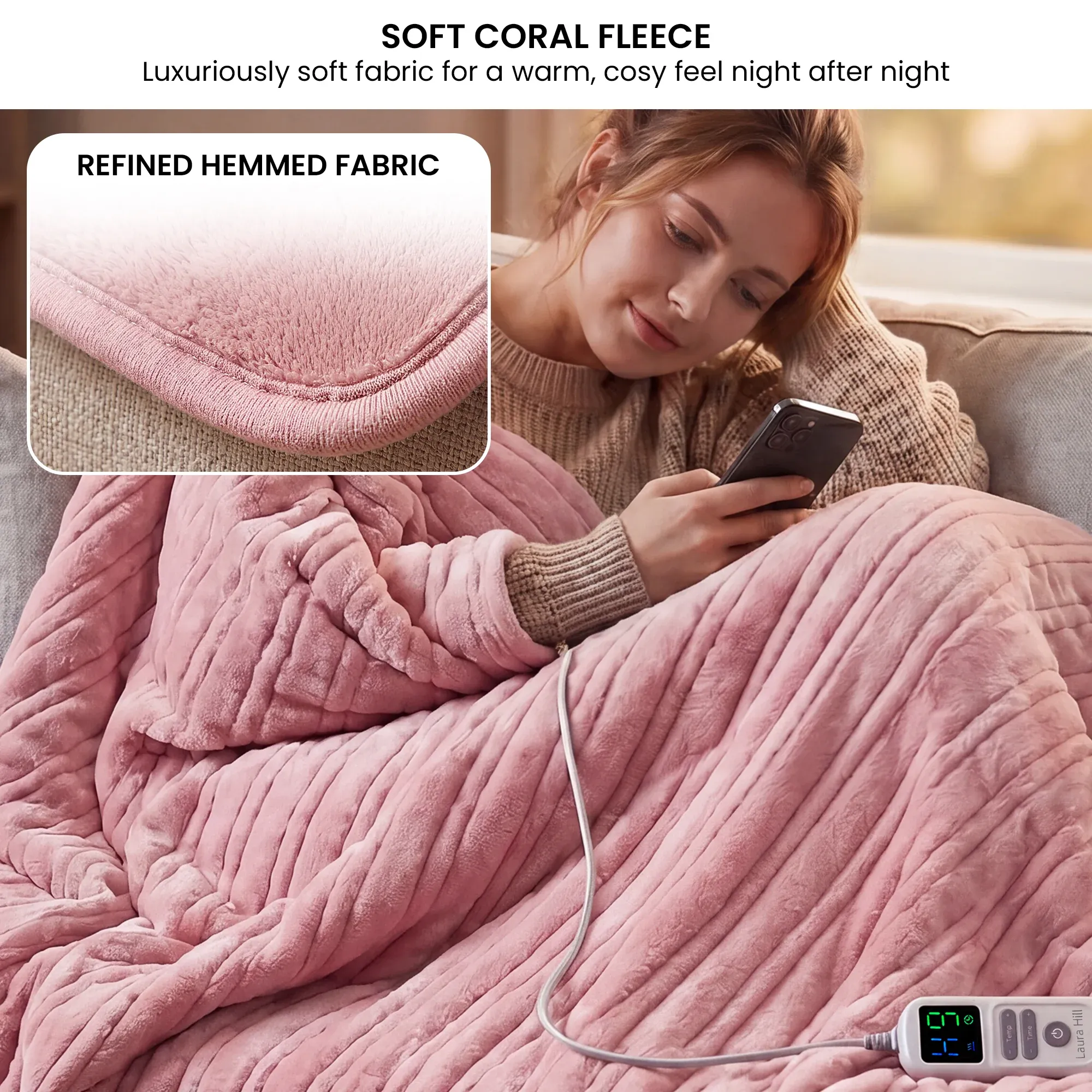 Laura Hill Xl Electric Heated Blanket Throw Soft Coral Fleece With 10 Heat Settings - Pink โ image 4