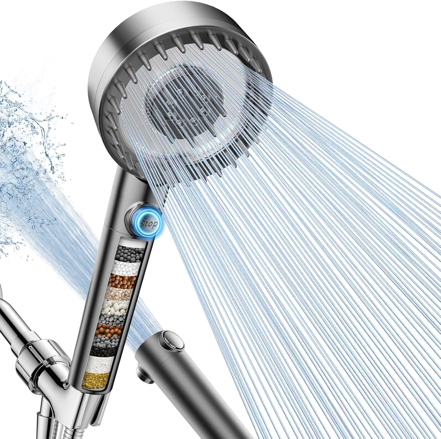 Filtered Shower Head with Handheld, High Pressure 4 Spray Mode Showerhead with Filters, Water Softener Filter Beads for Hard Water with ON/OFF Switch for Pets