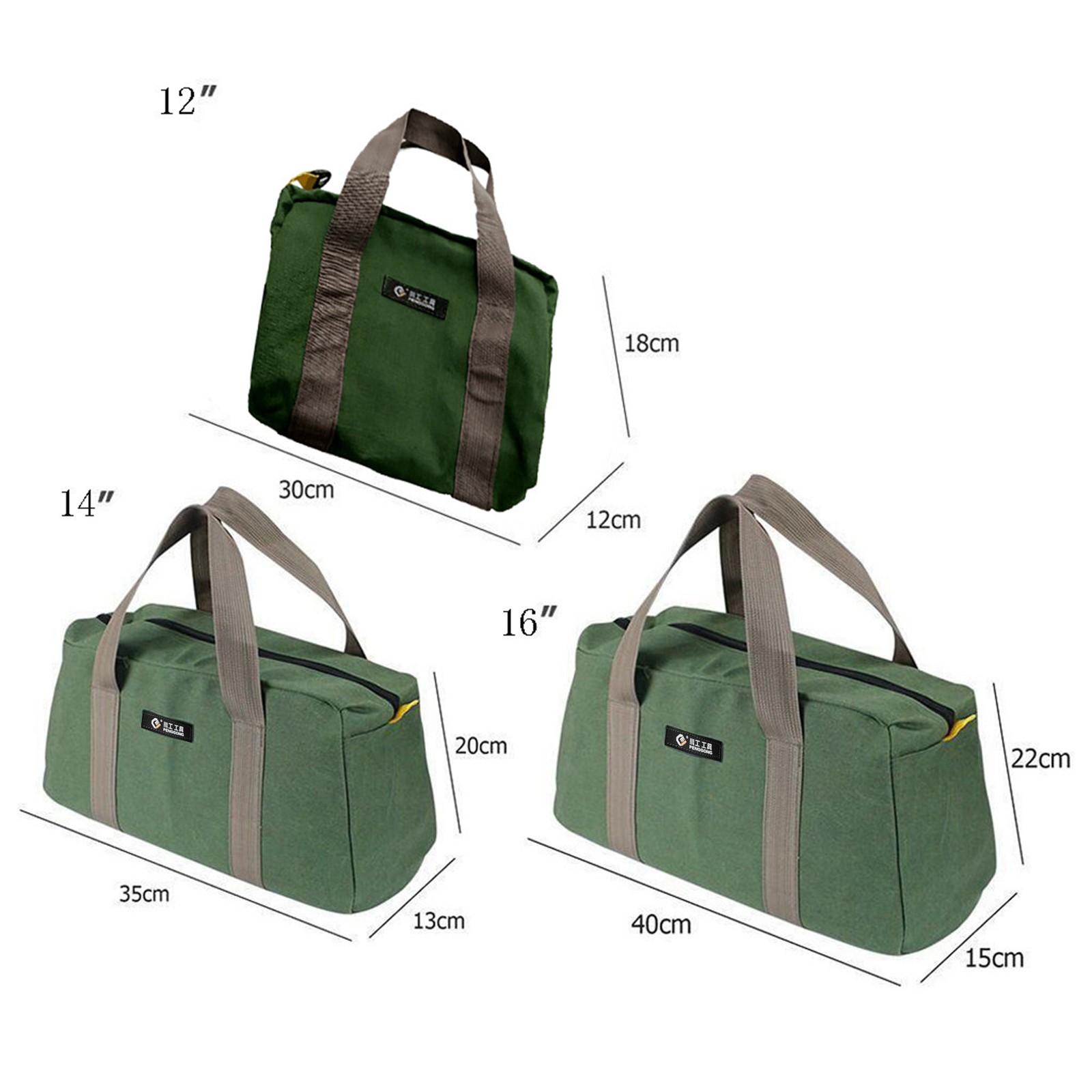 3 Pieces Heavy Duty Canvas Tool Bags with Hard Waterproof Bases, Wide Mouth Carry Totes for Tools, 40 x 22 x 15 cm, Green โ image 4