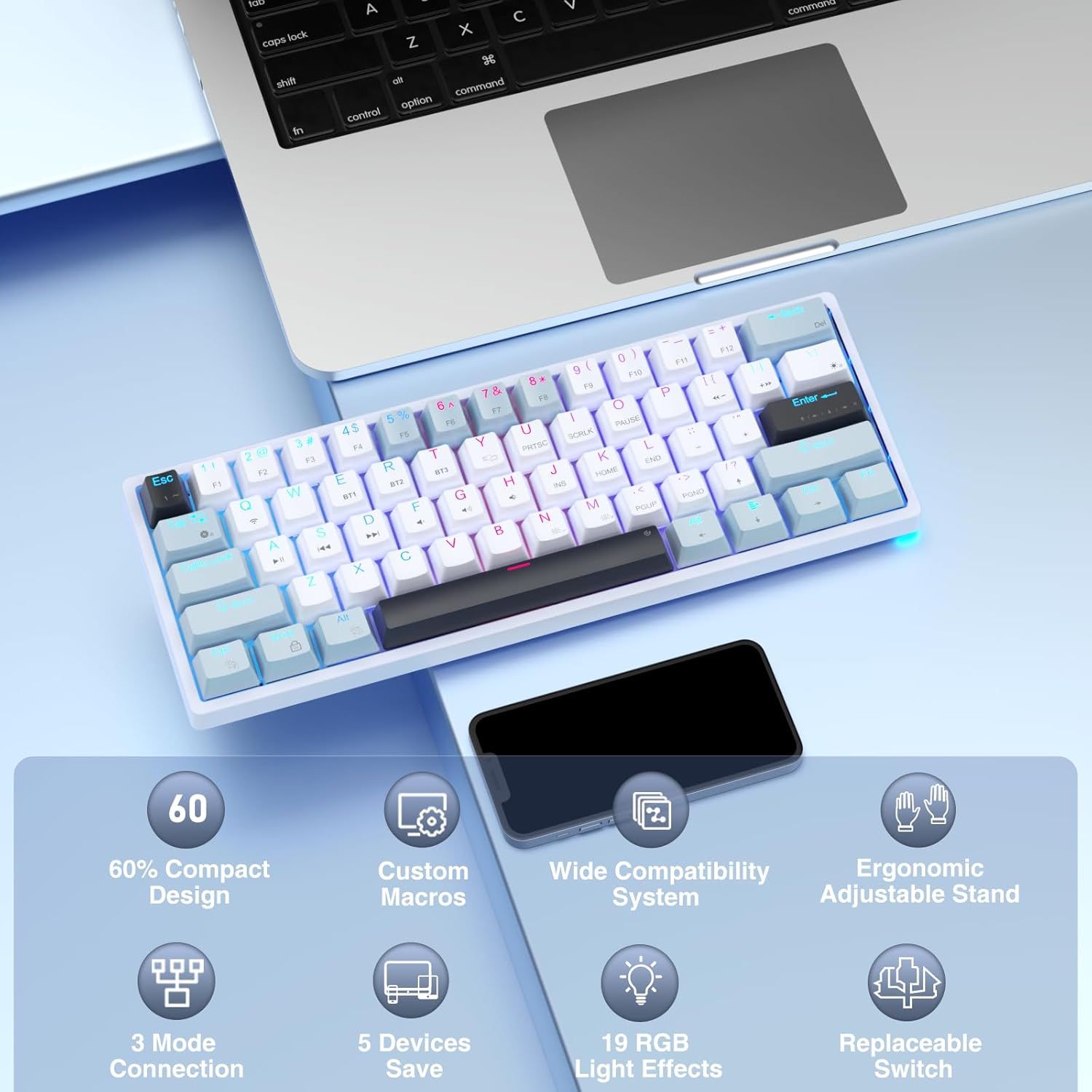 SOLAKAKA SK961 Tri-Mode Wireless RGB Backlit Mechanical Gaming Keyboard，white&blue — image 3