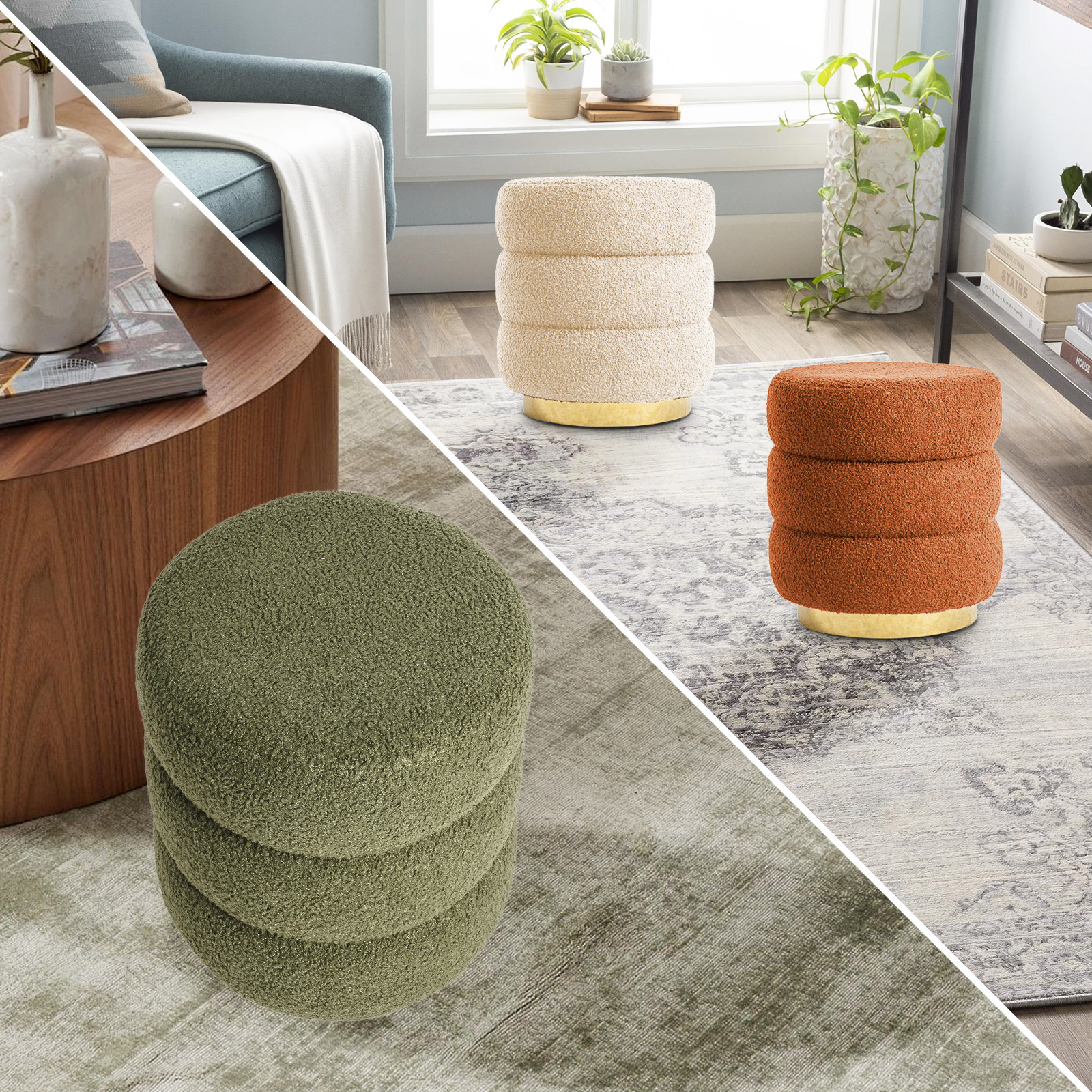 Round Stacked Ottoman Stool Teddy Fleece Fabric Foot Rest 38cm GREEN โ image 5