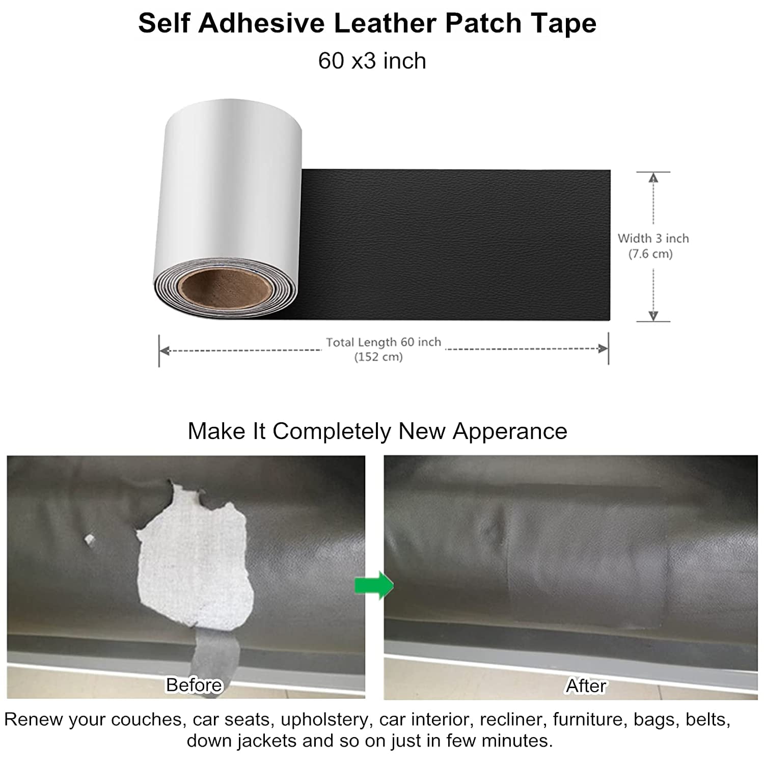 Miaochuan 3 x 60 Inch Self Adhesive Leather Repair Patch Tape, and Leather Repair Kit for Couches, Furniture, Car Seat, Boat Seat, Sofa, Upholstery, Chair — image 3