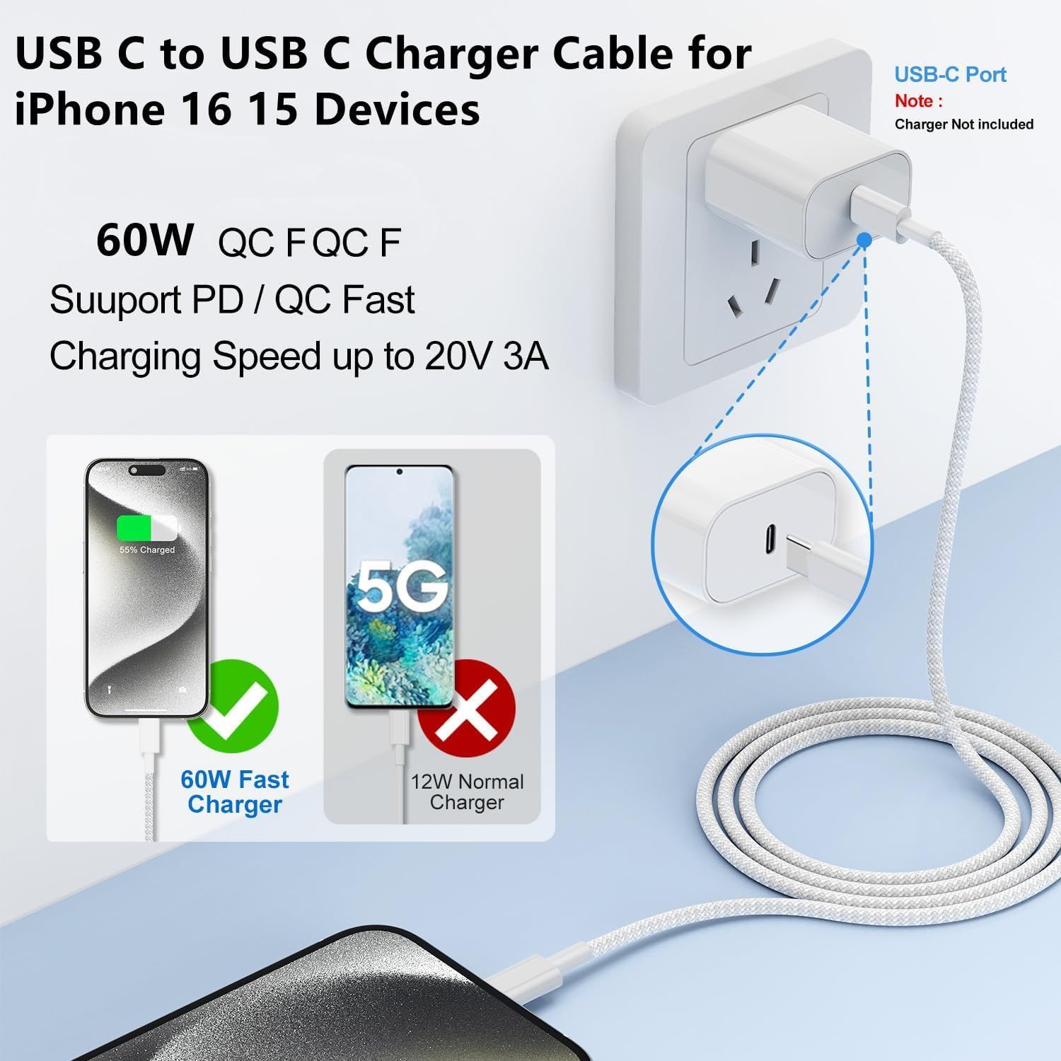 USB C to C Charger Cable 10ft, 60W Type C to C Fast Charging Cable Cord Long for Apple iPhone 17 Pro Max/17 Air/16 Pro Max/16 Pro/15 Plus/15 Pro Max/MacBook — image 6