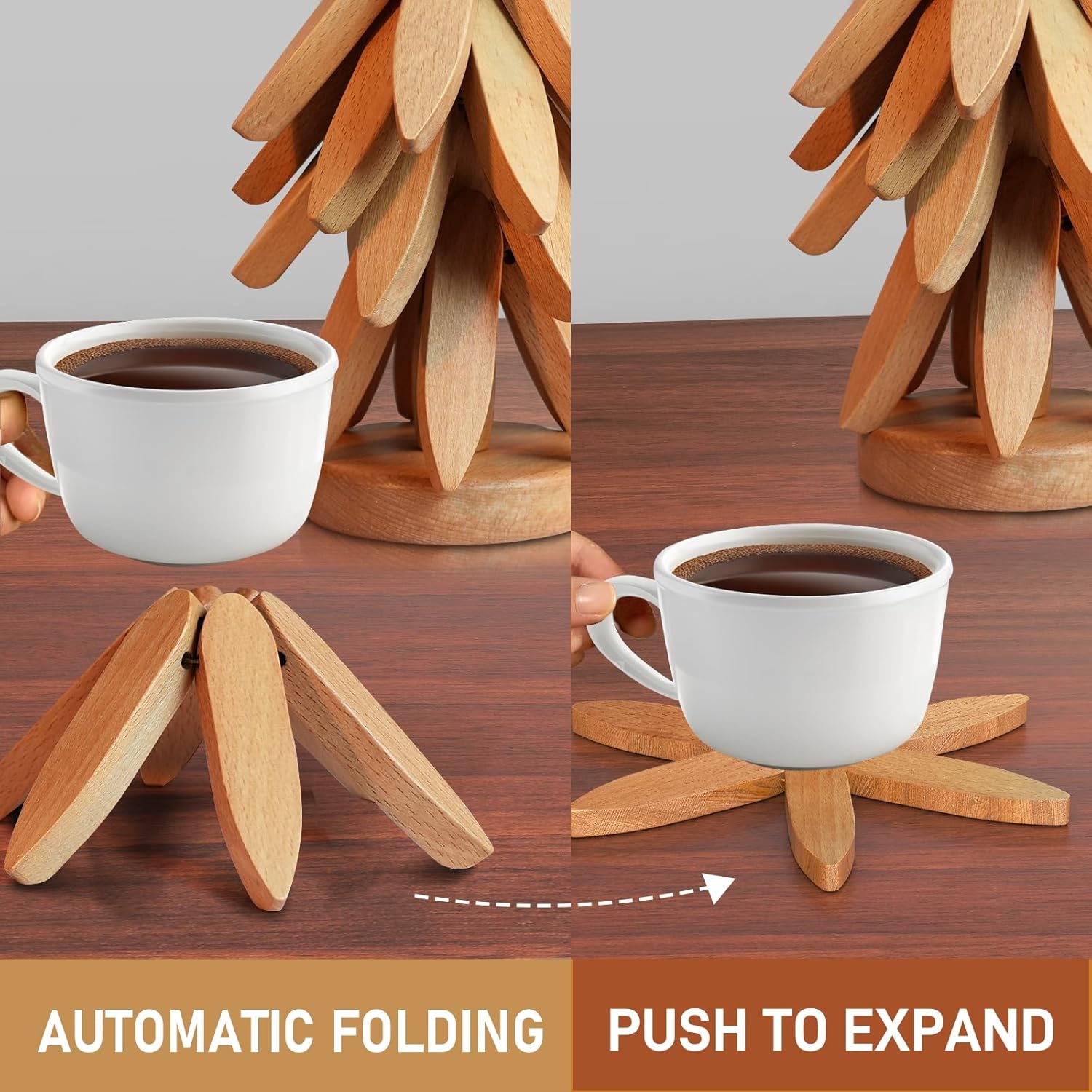4 Pack Wooden Tree-Shaped Coasters, Interlocking Heat Resistant Drink Mats for Tables, Kitchen Benchtops and Home Decor, Natural — image 4