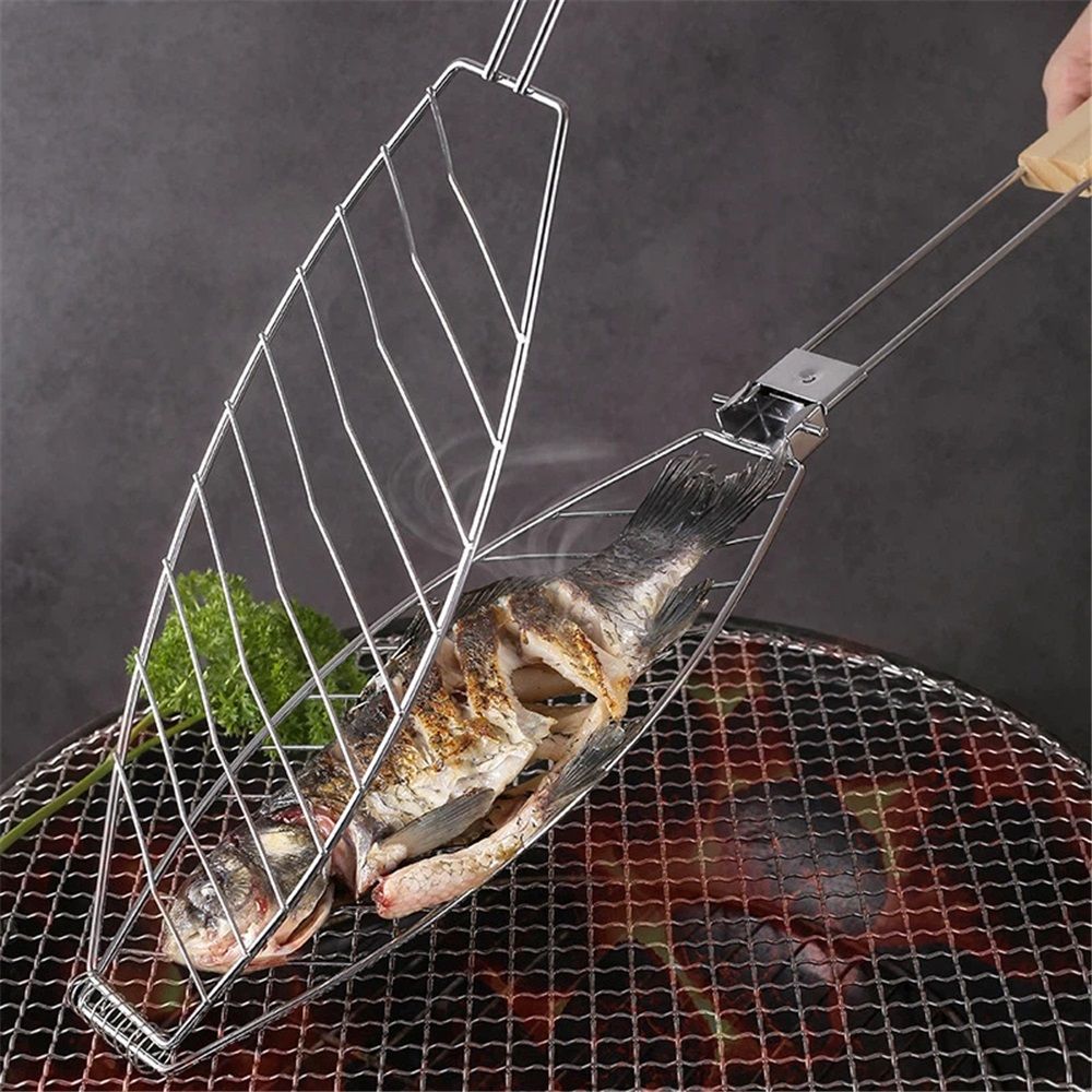 Stainless Steel BBQ Fish Basket, Large, Silver Large Fish Grilling Rack for Grill Fish Vegetables Shrimp, Folding Stainless Steel Grill Basket with Removable — image 4