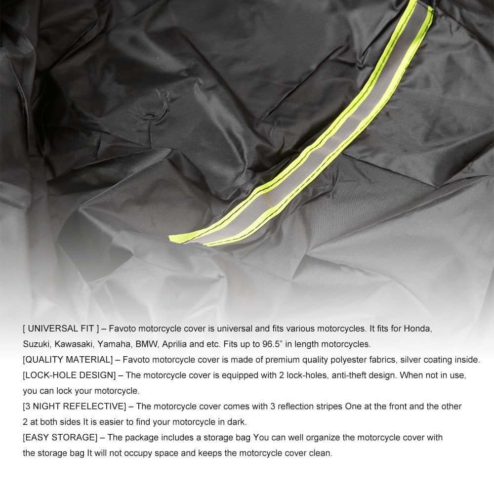 1x Waterproof Motorcycle and Moped Cover with Reflective Strips, Rain UV Dust Resistant Black, 245x105x125cm — image 3