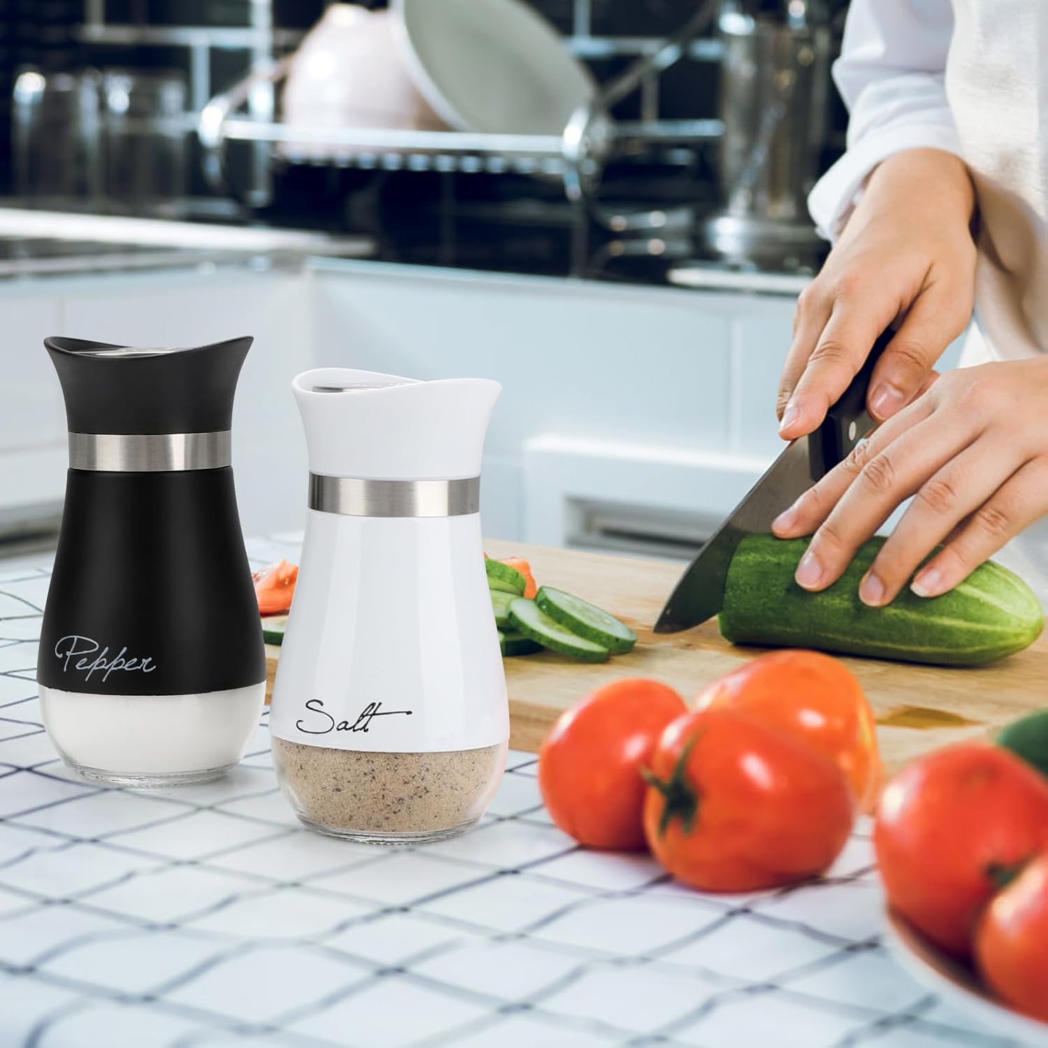 Salt and Pepper Shakers Set, 4 oz Stainless Steel Salt Pepper Shaker Containers with Glass Bottom for Kitchen Cooking, BBQ, Bar, Table, RV, Camp — image 5