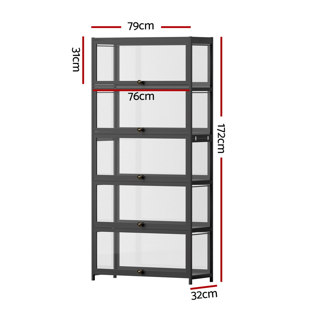 Artiss 5-Tier Display Cabinet Storage Bookshelf Clear Shelf Black โ image 3