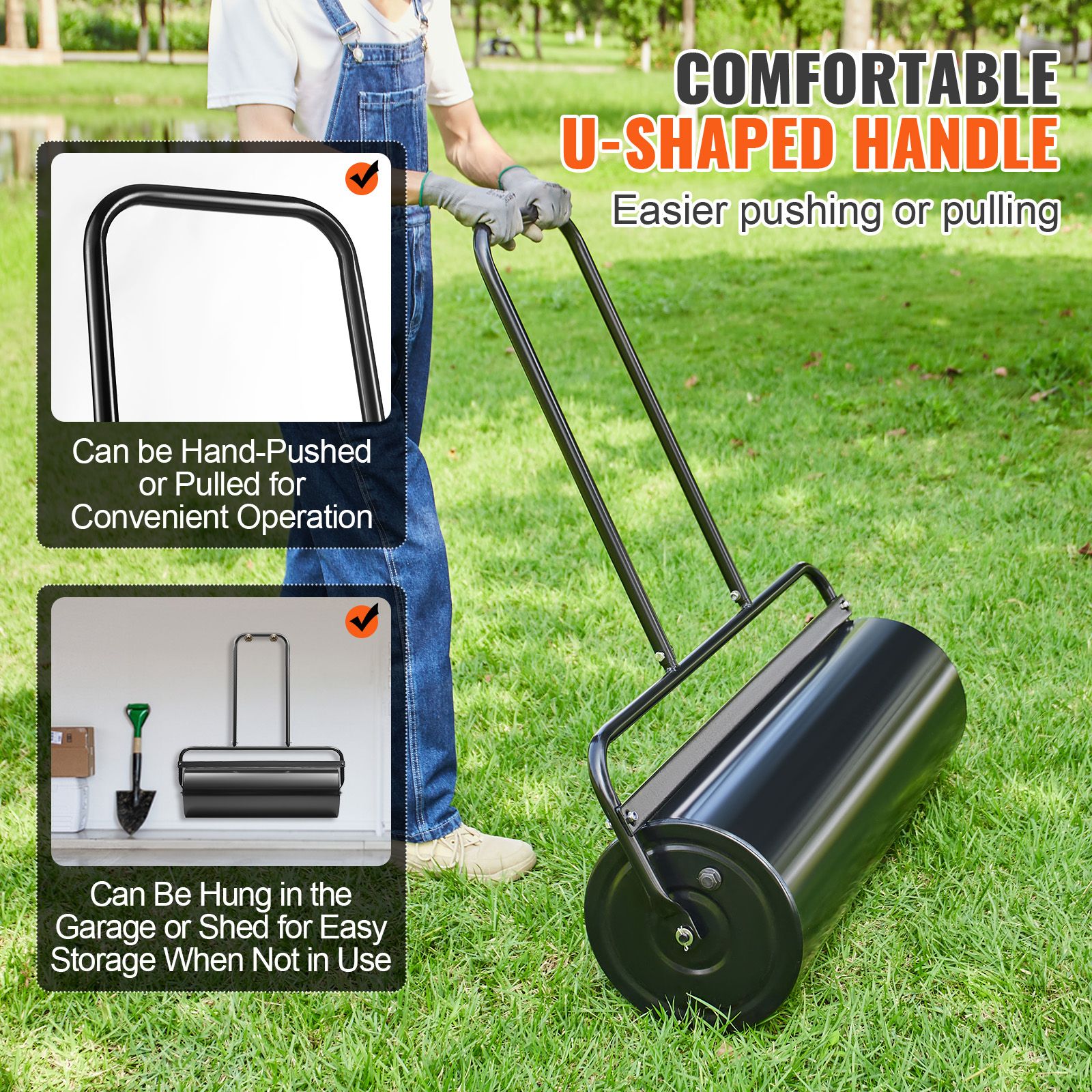 Lawn Roller, 17 Gallon 36 Inch Sand/Water Filled Yard Roller, Steel Sod Roller with Easy-turn Plug and U-Shaped Ergonomic Handle for Convenient Push — image 3