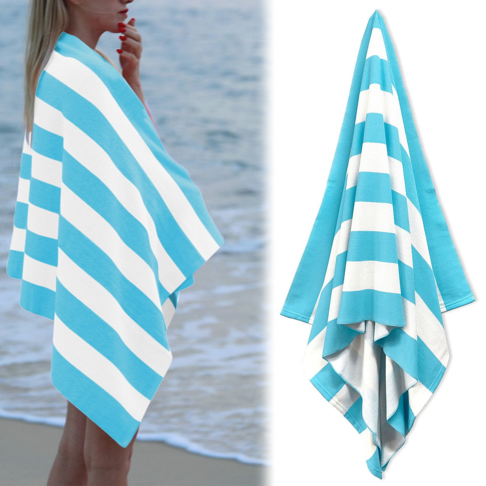 Large Oversized Striped Cotton Beach Towel, Soft Cabana Swimming Pool Towel for Adults, Light Blue, 89 x 178 cm โ image 2
