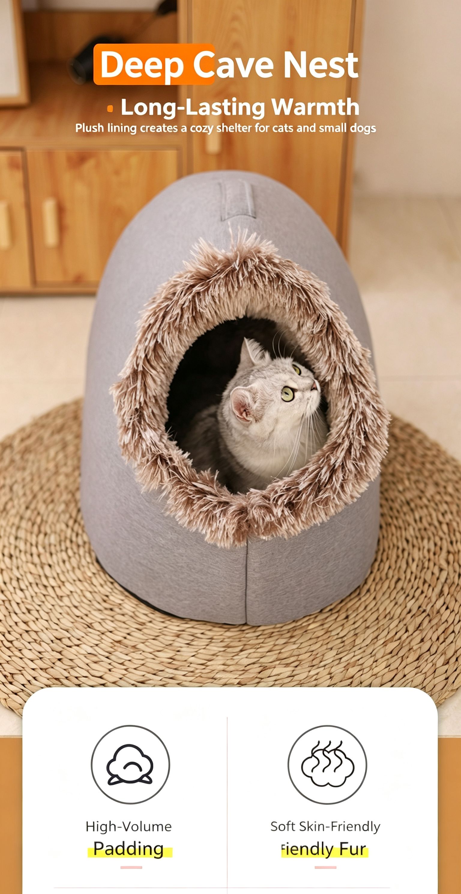 Winter thick and warm, portable plush pet nest,Large-Grey — image 2