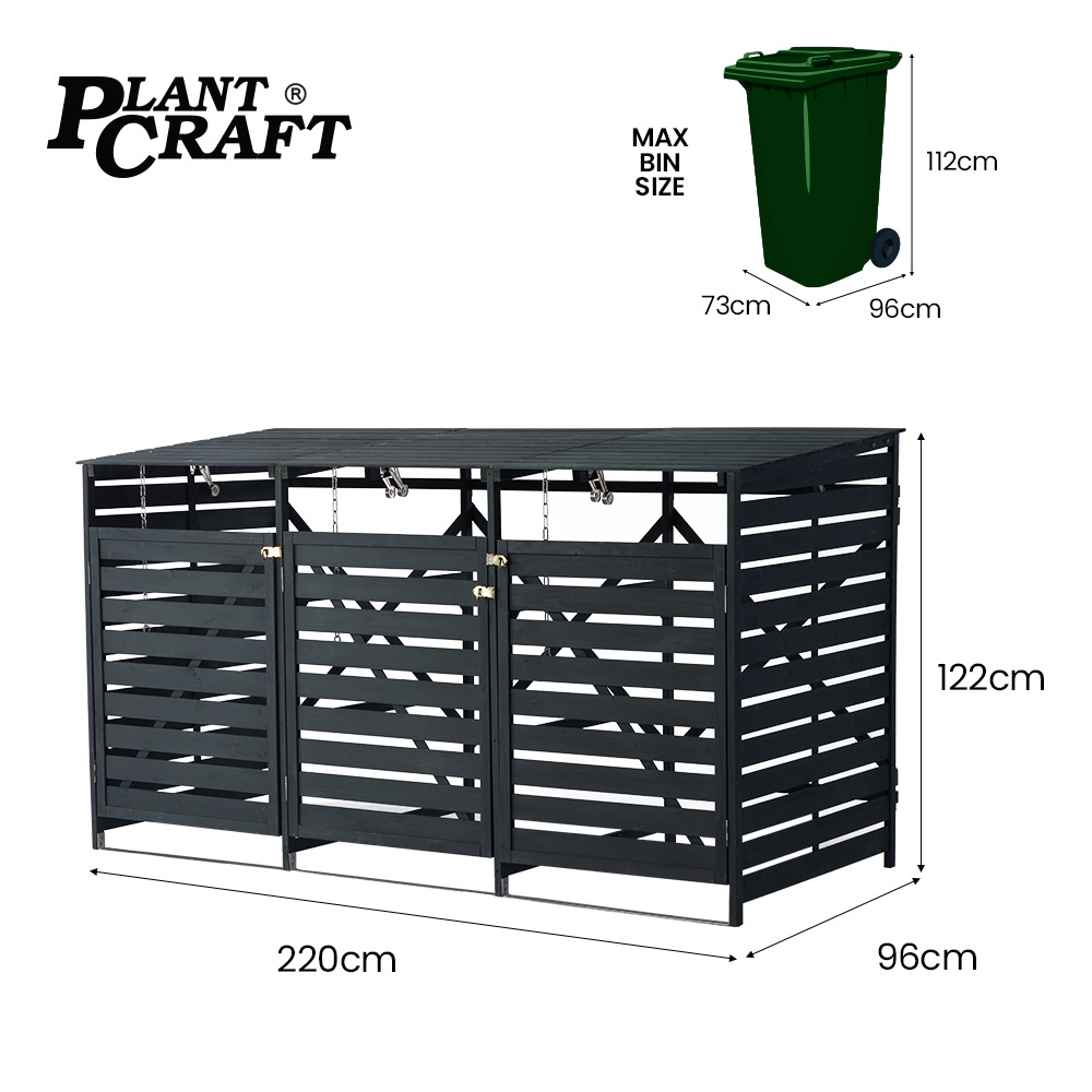 PlantCraft Triple Wood Wheelie Bins Storage Shed, 3 Door Garbage Rubbish Bin Enclosure โ image 2