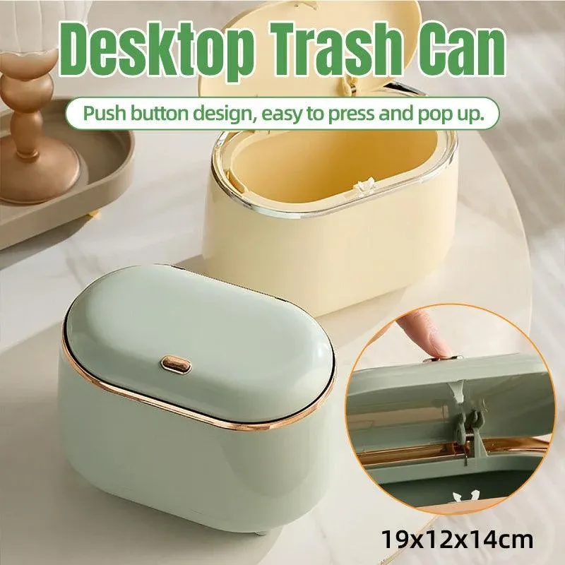 Small Desktop Trash Can Oval Pop Up Lid Rubbish Bin Waste Organizer Container - Green — image 2