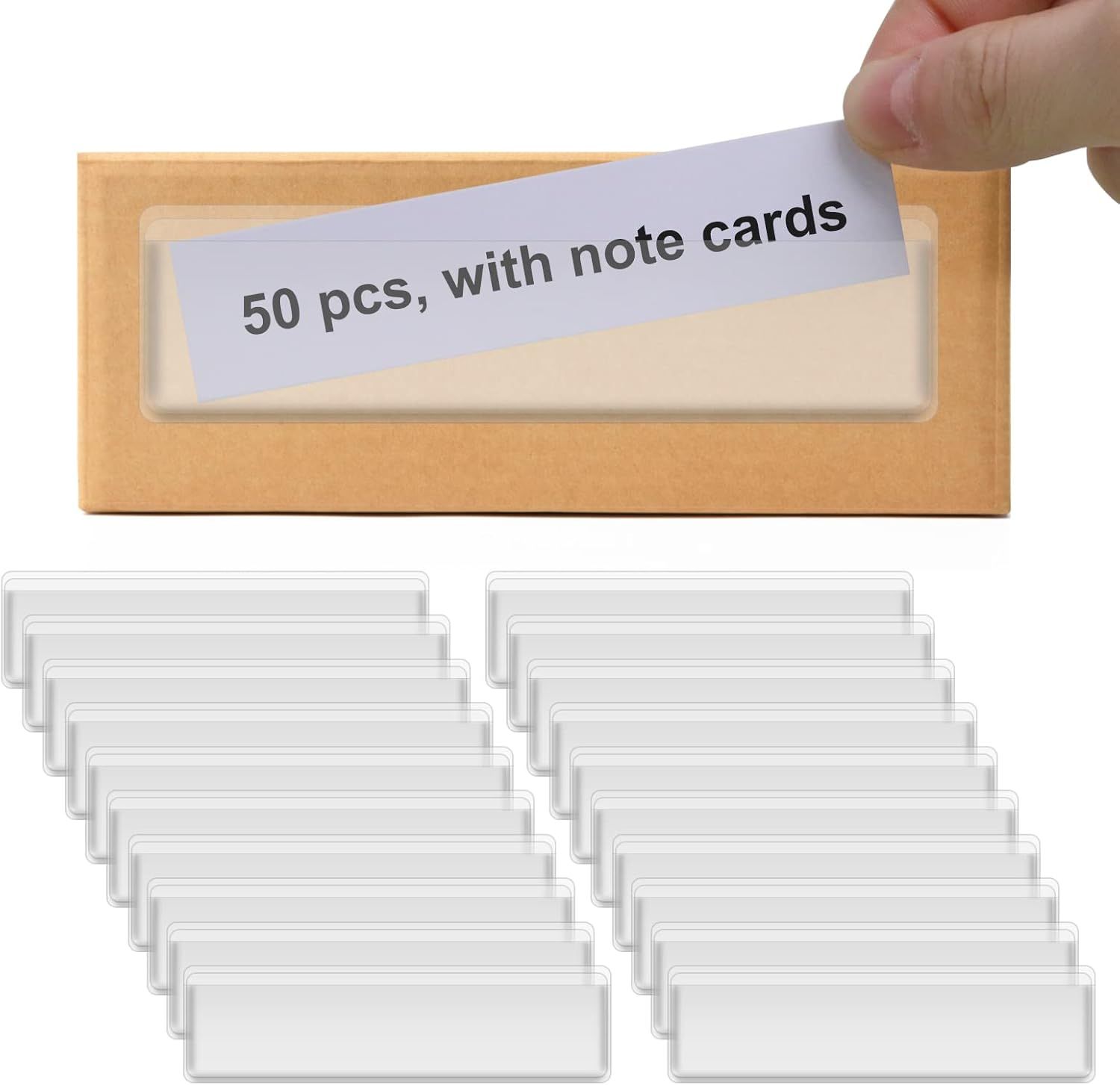 Label Holders Adhesive Shel Tags - 50Pcs Clear Plastic Labels or Storage Bins with Name Label Badge Inserts, Removable Adhesive Pockets or Shel Mailbox Binders