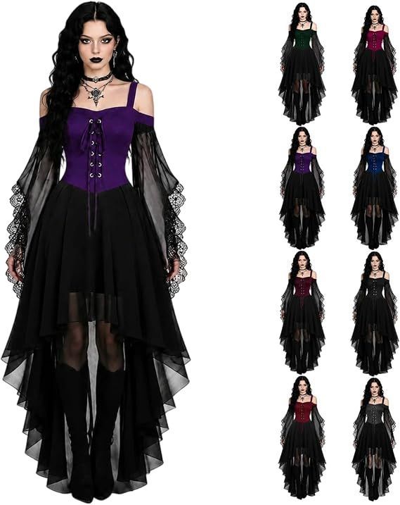 Women Witch Dress Halloween Costumes Vampire Woman Renaissance Medieval Butterfly Sleeve Mesh Gothic Dresses - Purple - Size L