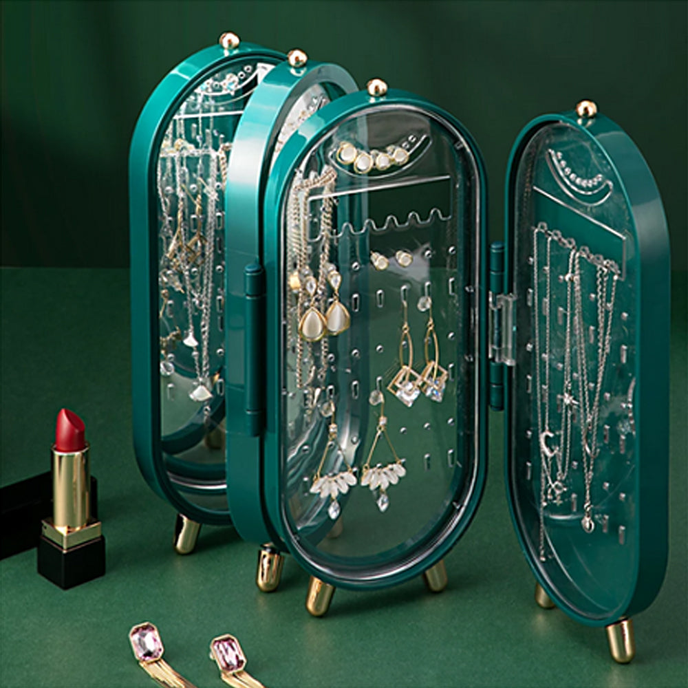 Jewellery Storage Box Earrings Display Necklace Organizer 4 Doors Foldable Screen (Green) — image 2