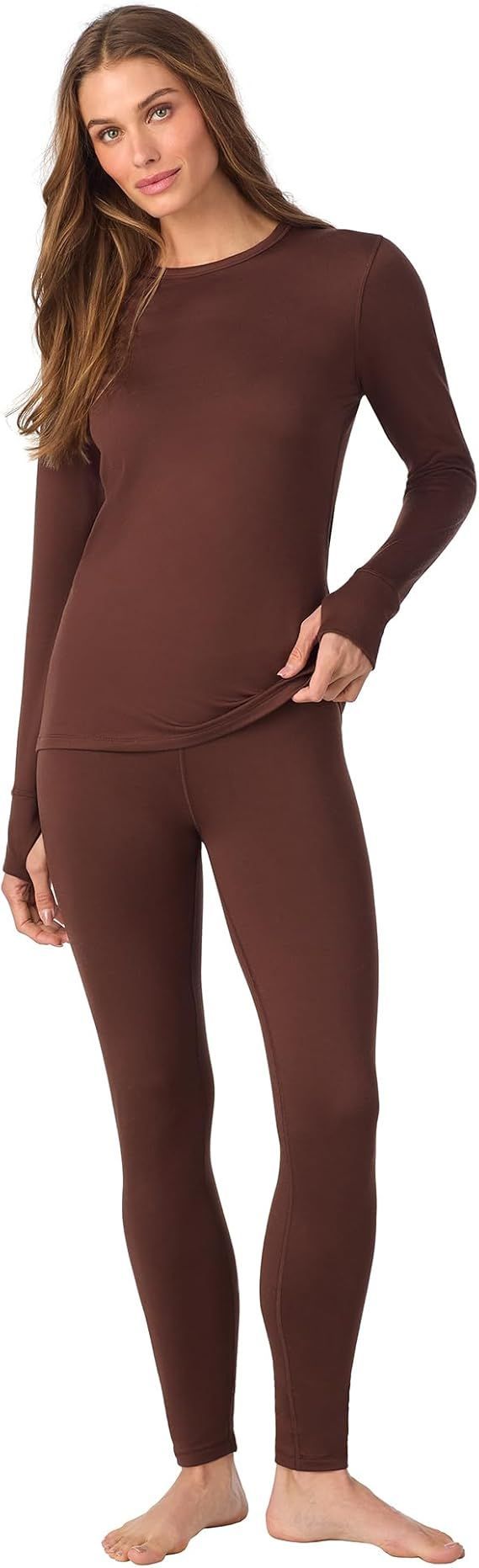 Cuddl Duds Womens Heavyweight Cold Weather Fleece Lined Thermal Set – Long Sleeve Top & Leggings - Winter Lounge Sets - Brown - Size L