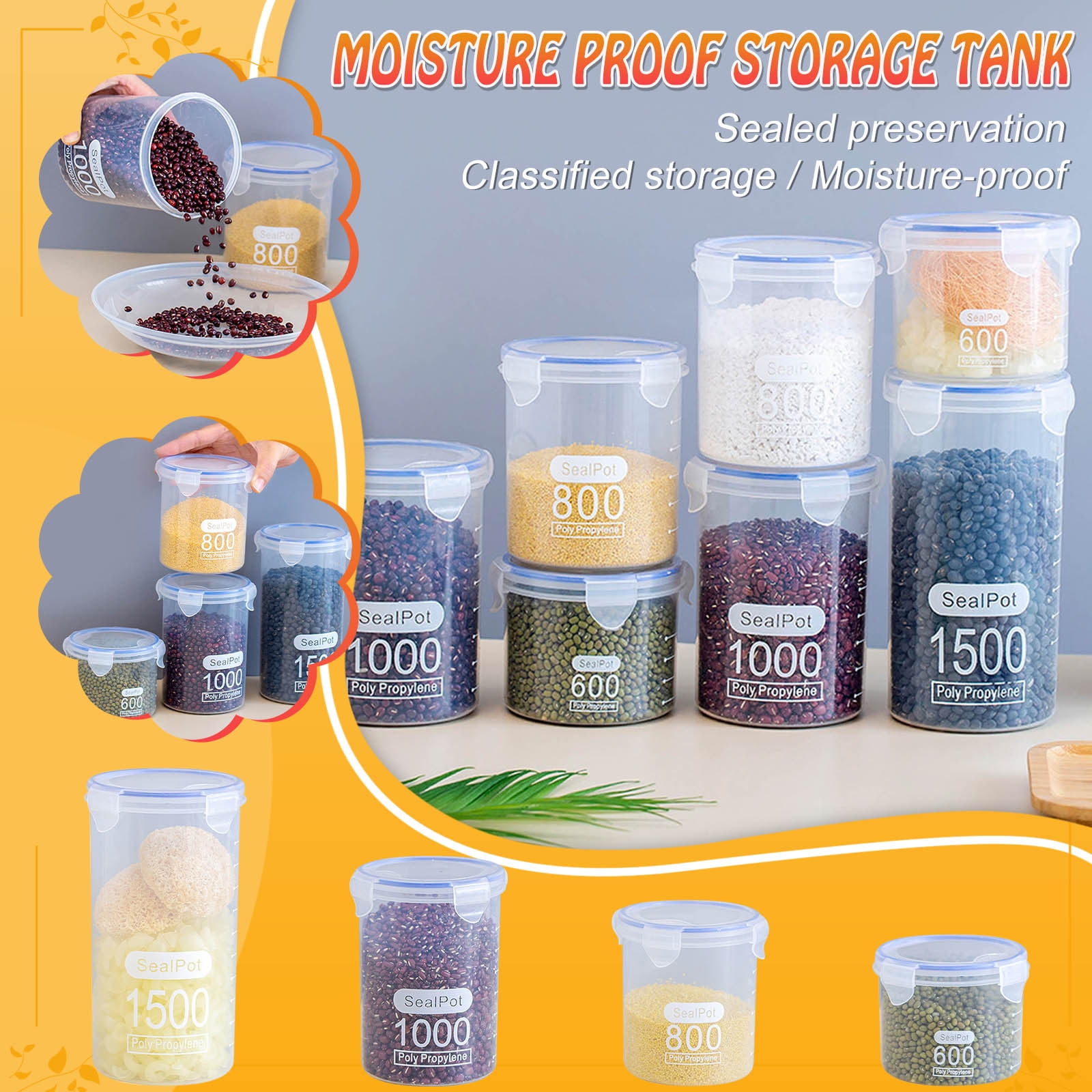 Clear Sealed Food Containers, 800ml Plastic Stackable Leakproof Storage Jar with Locking Lid, Kitchen Gadget for Rice Beans Storage C — image 3