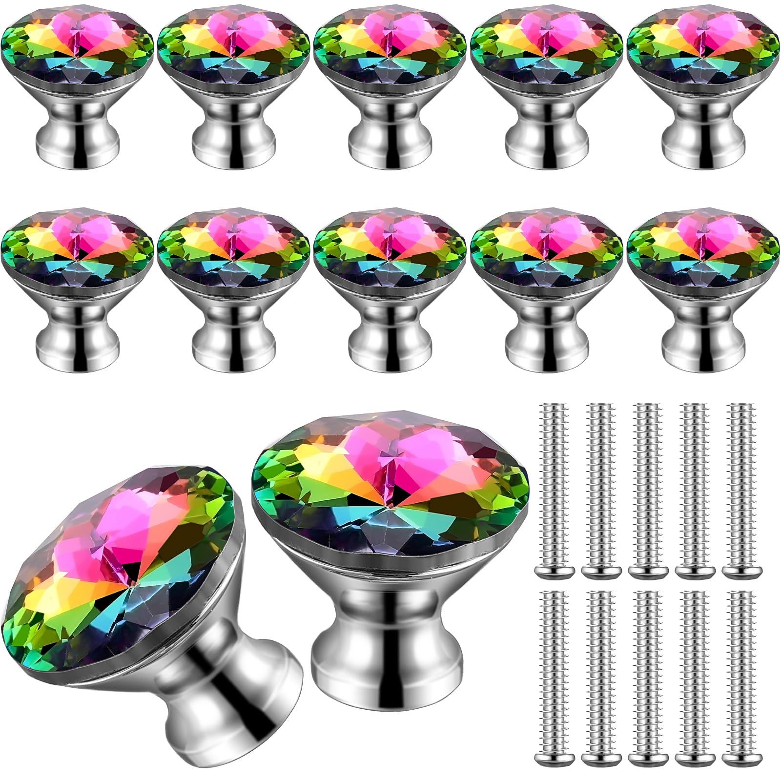 20 Pcs Crystal Glass Cabinet Knobs 30mm Diamond Dresser Knobs Colorful Drawer Pulls Handles(Colorful, Elegant Style)