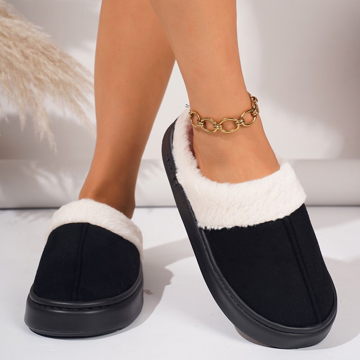 Cozy Faux Suede and Plush Fur Slippers for Women and Men, Thick Anti-Slip Sole for Indoor and Outdoor Wear, Warm House Shoes for Cold Seasons, Simple Lace Trim — image 4