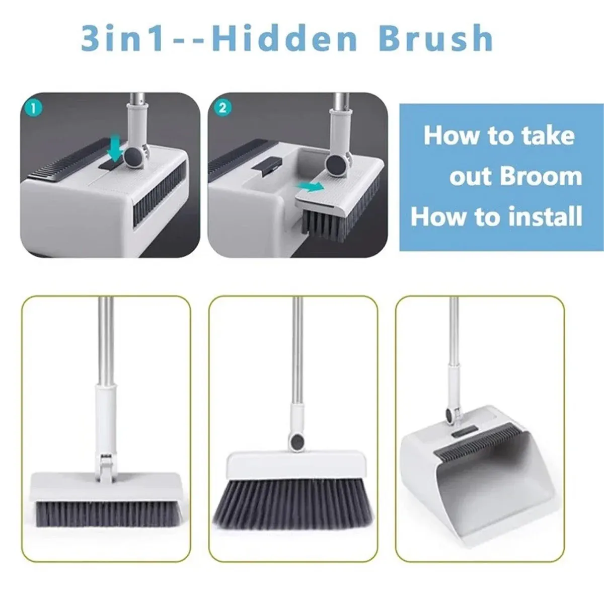 3 in1 Broom Set for Winnowing Brushing Handheld Cleaning Tool Home Kitchen Floor - White — image 6