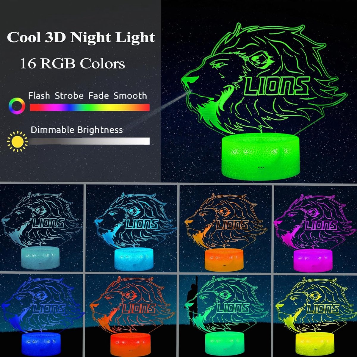 Night Light for Kids - 3D - Baby Night Light - 16 Color Changes - With Remote Control and Timer - RGB Flashing Mode - Bedroom Table Lamp - Lion Light โ image 5